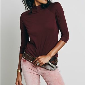 Free People Modern Mock Neck Blouse in Burgundy
